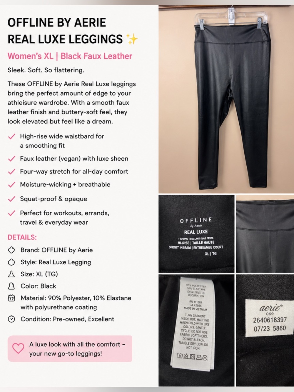 Aerie OFFLINE Real Luxe Faux Vegan Leather Leggings XL Short Black High Rise